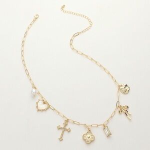 Pearl Heart Cross Quatrefoil Bow Charm Station Necklace